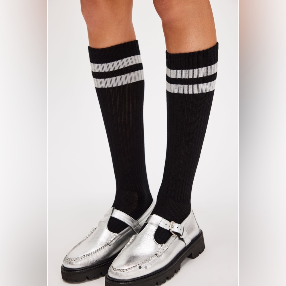 NWT Free People Le Bon Knee High Boyfriend Socks in color Black.